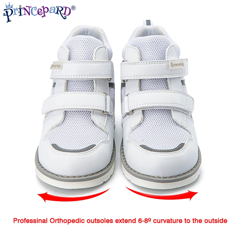 Princepard Children Orthopedic Shoe Autumn Outdoor White Leather Sport Sneaker with Arch Support for Flatfoot Tiptoe Walking