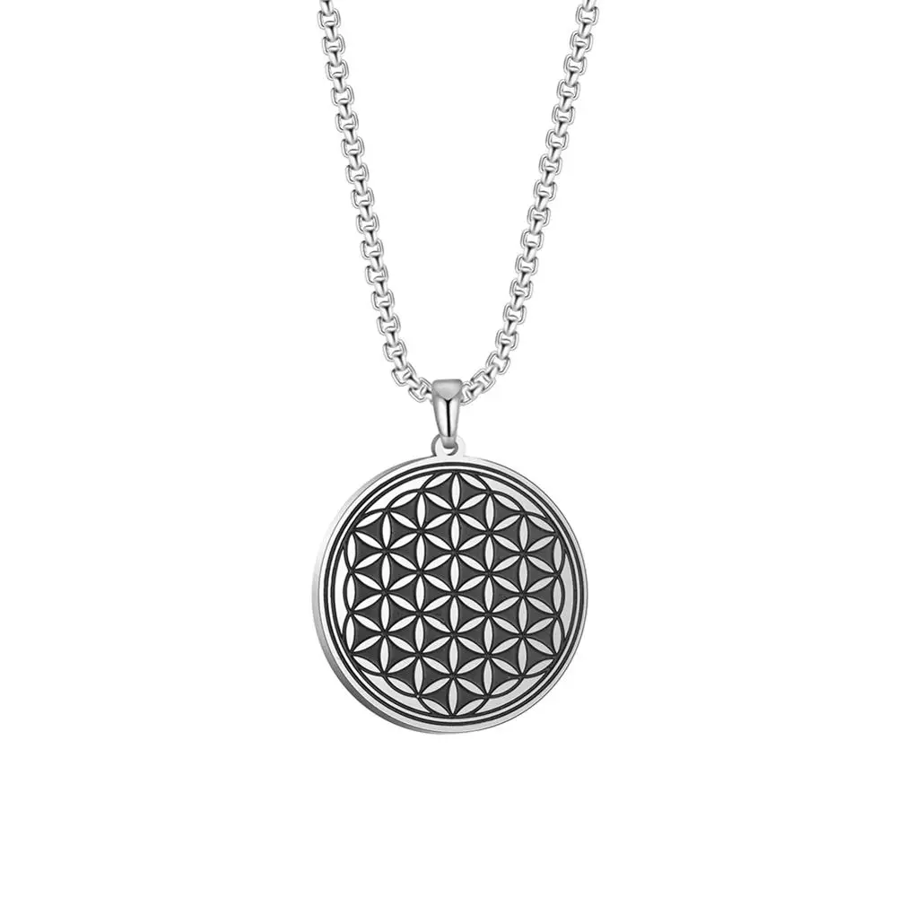 LIKGREAT Flower of Life Stainless Steel Round Pendant Chain Necklace Jewelry for Men Silver Color Statement Choker Women Gifts