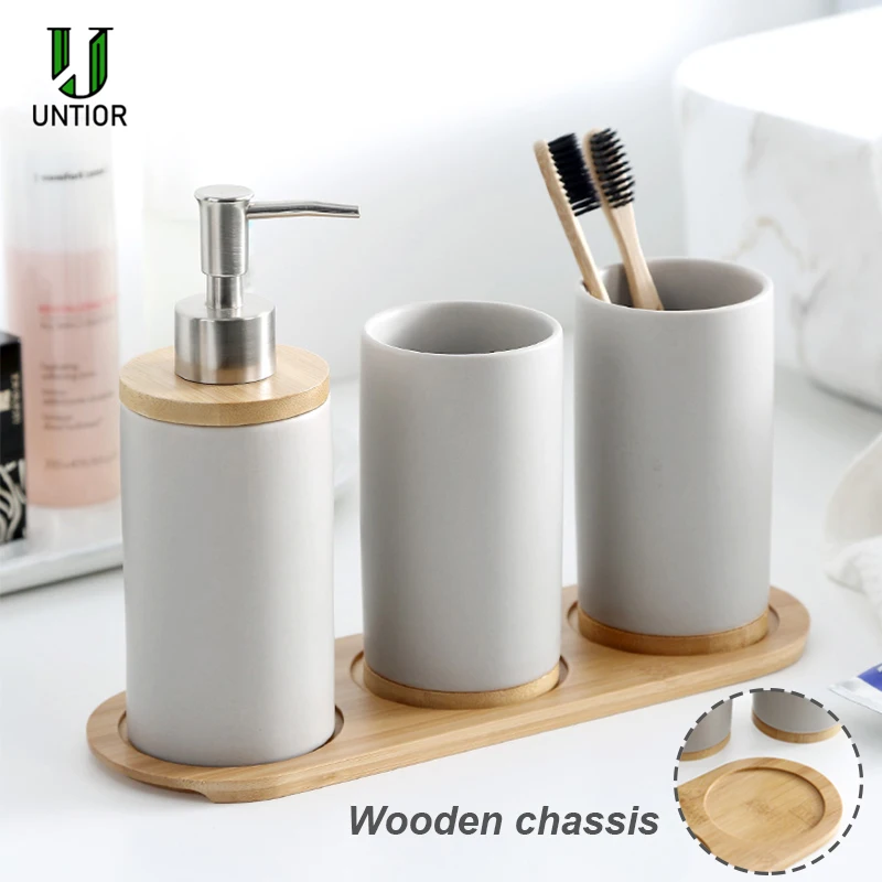 UNTIOR Ceramiczny zestaw akcesoriów łazienkowych z bambusową podstawą Zawiera ceramiczny kubek Dozownik mydła Uchwyt na szczoteczkę do zębów Zestaw łazienkowy