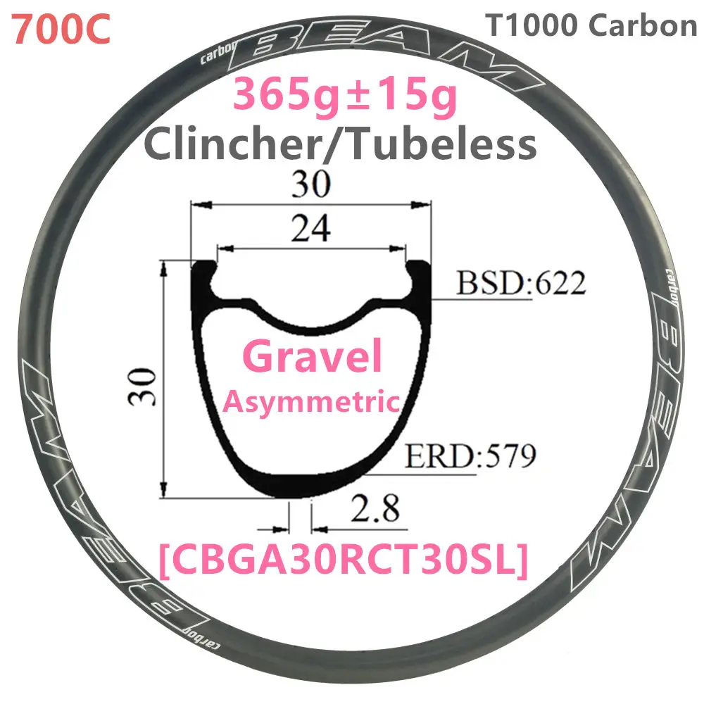 

[CBGA30RCT30SL] 365g carbonbeam Asymmetric 30x30 internal 24mm 700C Gravel CX Road Clincher Tubeless compatible carbon wheels