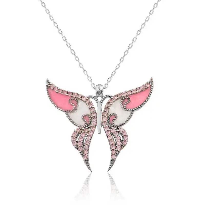 Silver Pink Butterfly Necklace 925 Sterling Women Fine Jewelry Wedding Party Birthday Gift - Jeweled - Box - Pendant - Chain Choker - Female - Ladies - Fashion