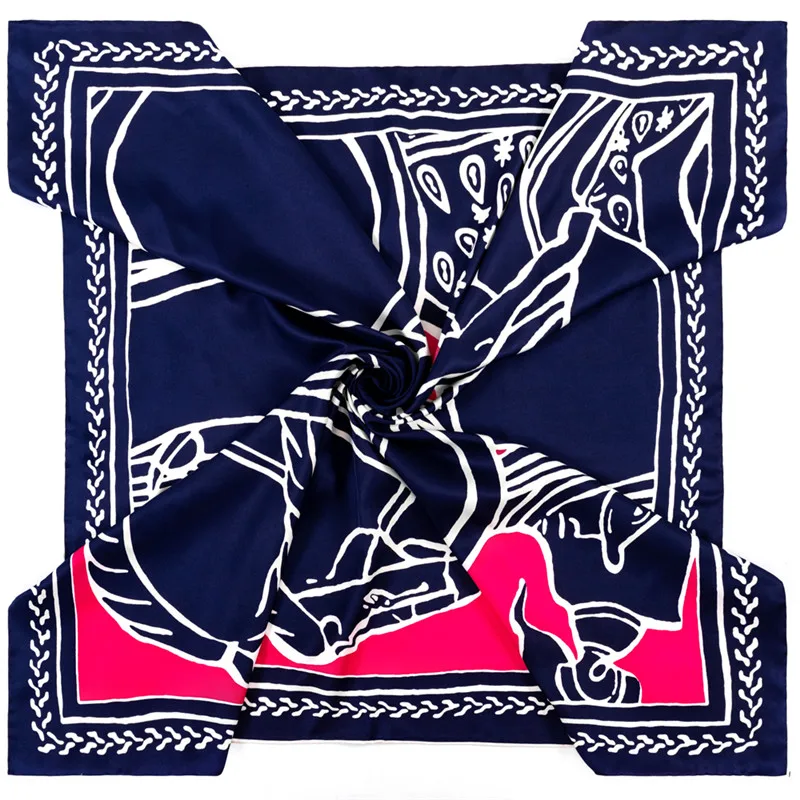 Pobing manual enrolado à mão sarja lenço de seda feminino cavalo impressão lenços quadrados echarpes foulards femme envoltório senhora bandana hijab 90cm