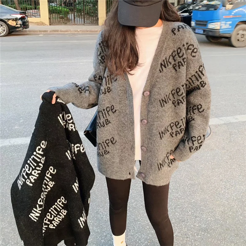 

Fashion Autumn Winter Women Cardigan Alphabet Decorated V Neck Jacket Knit Female Sweater Letters Outerwear Black Grey Coats