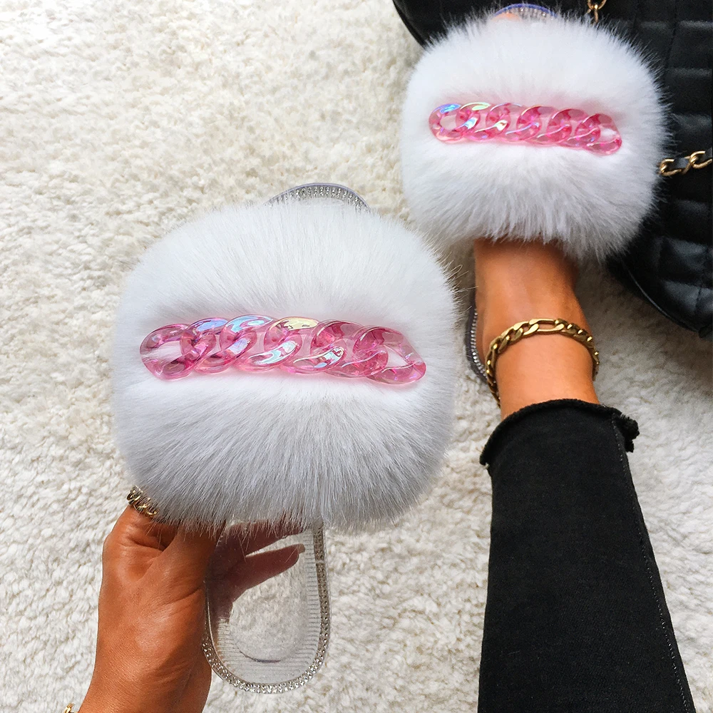 Fluffy Slippers Fur Slides Candy Color Transparent Chain Flip Flops Crystal Flat Slippers Women Sandals Summer 2021 Female Shoes