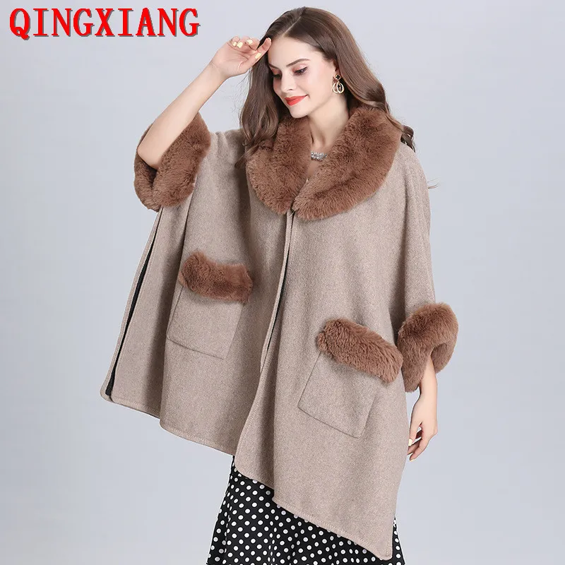 8 Colors Women Winter Faux Fox Fur Collar Poncho New Plus Size Batwing Sleeve Long Cardigan Streetwear Loose Warm Cloak Coat