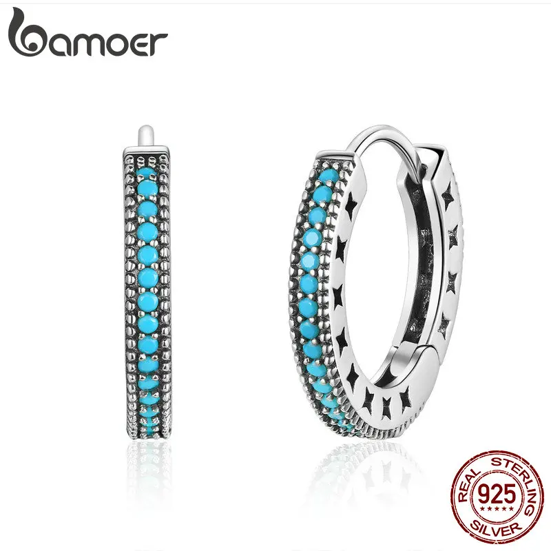 Bamoer Genuine 925 Sterling Silver Blue Turquoise Hollow Star Hoop Earrings for Women Geometric Silver Ear Buckles Jewelry Gift