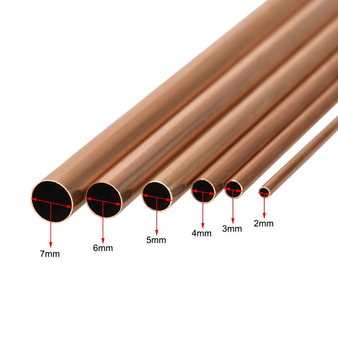 Uxcell-tubo de cobre de 6 piezas OD, 2mm, 3mm, 4mm, 5mm, 6mm, 7mm, 0,2mm de espesor de pared, 300mm de longitud, tubo redondo sin costuras