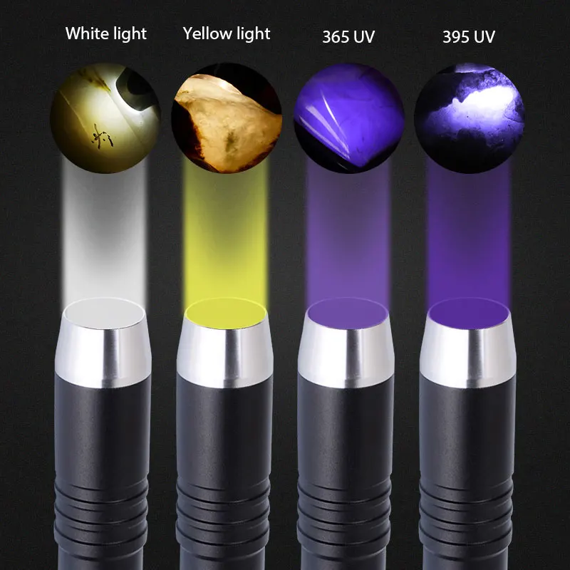 4 light source gemstone identification UV flashlight White yellow 365nm 395nm rechargable ultraviolet Torch lights+18650+charger