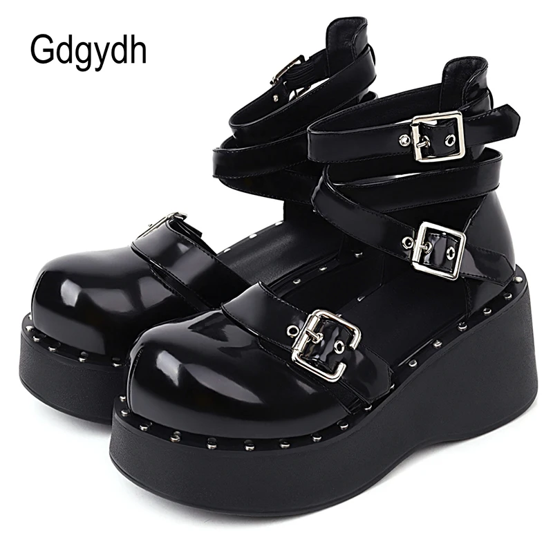 Gdgydh Dark Gothic Shoes Platform Pumps Women Belt Buckle Ankle Strap Metal Decoration Wedge Heel Female Footwear Gothicgirls