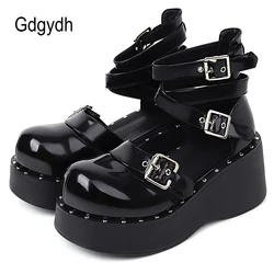 Gdgydh scarpe gotiche scure décolleté con plateau donna fibbia per cintura cinturino alla caviglia decorazione in metallo tacco a zeppa calzature femminili Gothic icgirls