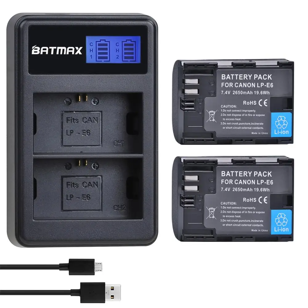 2650mAh LP-E6 LP-E6N LP E6 Batterij + LCD USB Dubbele Oplader voor Canon EOS 6D 7D 5D Mark II III IV 60D 60Da 70D 80D 5DS R XC10