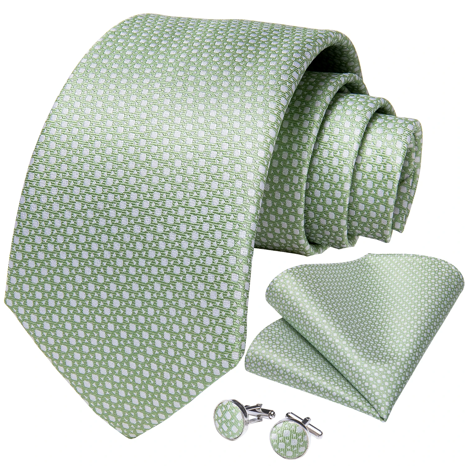 Fashion 8cm Tie Light Green Necktie Men Business Wedding Party Formal Neck Tie Accessories Handkerchief Cufflinks DiBanGu