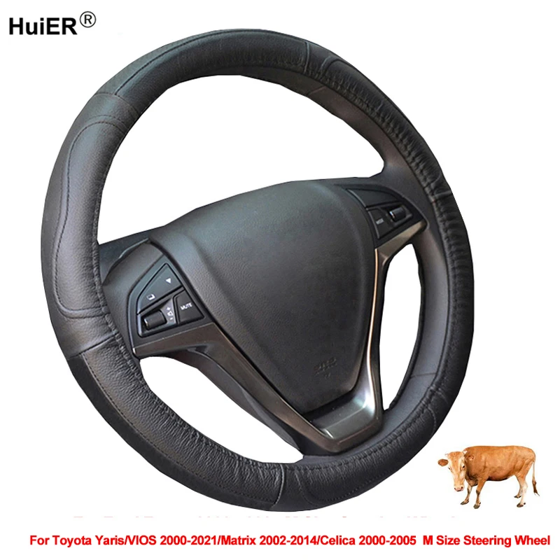 Car Steering Wheel Cover Cow Leather Wrap For Toyota Yaris VIOS 2000 - 2021 Matrix 2002 - 2014 Celica 2000 -2005 Car Accessories