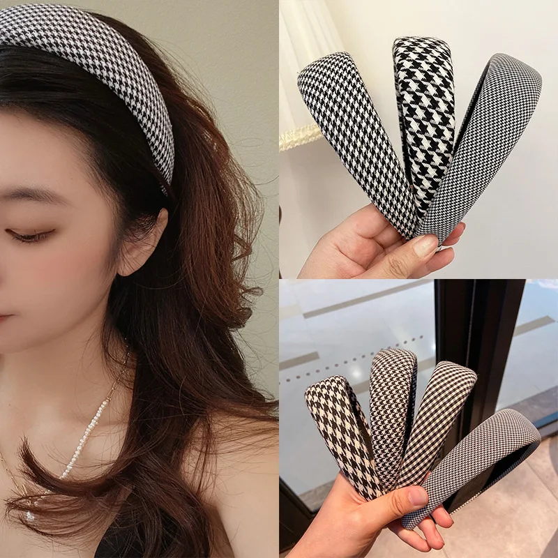 New Fashion Women Hair Accessories Hairbands 4CM Wide Side Classic Houndstooth Headband Thick Casual Headwear Adult Hair Hoop