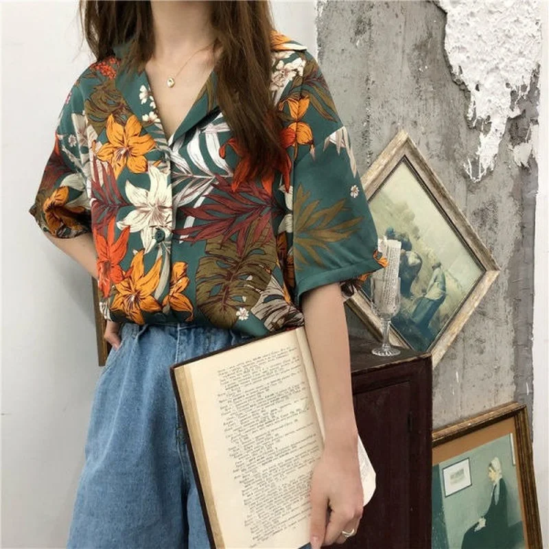 Shirt Women Floral Vintage Turn-down Collar Chic Retro Various Colors Leisure Female Half-sleeve Loose Summer Pockets Popular