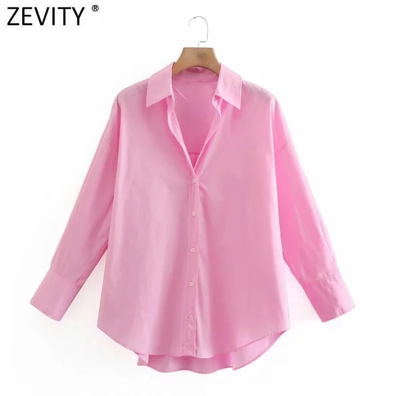 Zevity 2021 Women Simply Solid Colors Breasted Poplin Shirts Office Lady Long Sleeve Slim Blouse Roupas Chic Chemise Tops LS9541