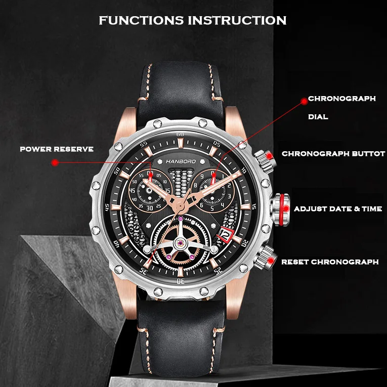 Imagem -04 - Hanboro Homem Chronograph Relógio Esporte Relógios à Prova Impermeável Água Luminosa Marca de Moda Quartzo Homem Relógio Couro Banda Relógio Masculino