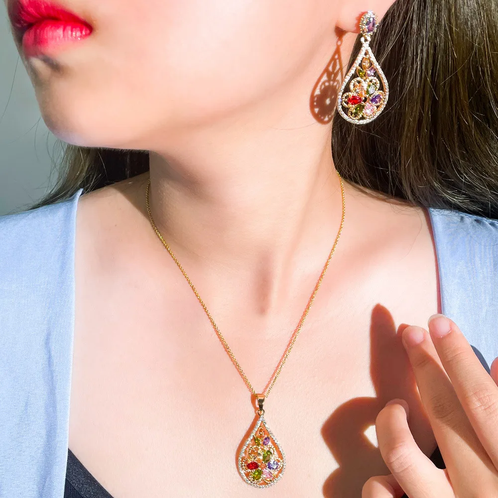 CWWZircons Dangle Drop Indian Yellow Gold Vintage Flower Jewelry Sets Multi Color Cubic Zirconia Earrings and Necklace Set T228