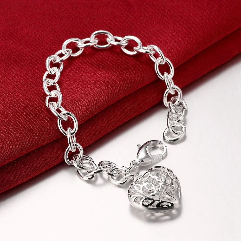 LEKANI Women's Fine Jewelry 925 sterling silver Hollow heart Charm 8'' thick Chain Lobster Clasp bracelet bangle Bileklik