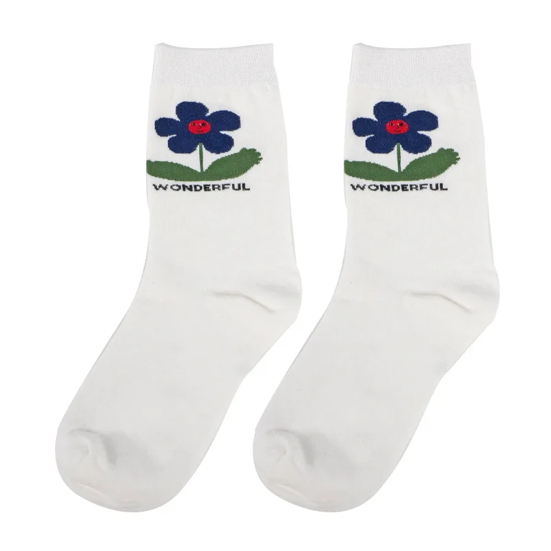 5 Pairs Socks Women Korean Japanese Harajuku Kawaii Socks Pack Girls Cartoon Flower Breathable Cotton Mid-tube Cute Sock Set