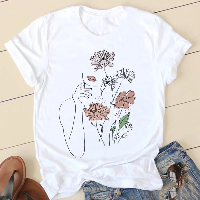 الزهور الوجه مجردة بسيطة المرأة تي شيرت مرونة عالية عادية مضحك تي شيرت هدية لسيدة يونغ فتاة تي شيرت علوي هبوط السفينة التي شيرت