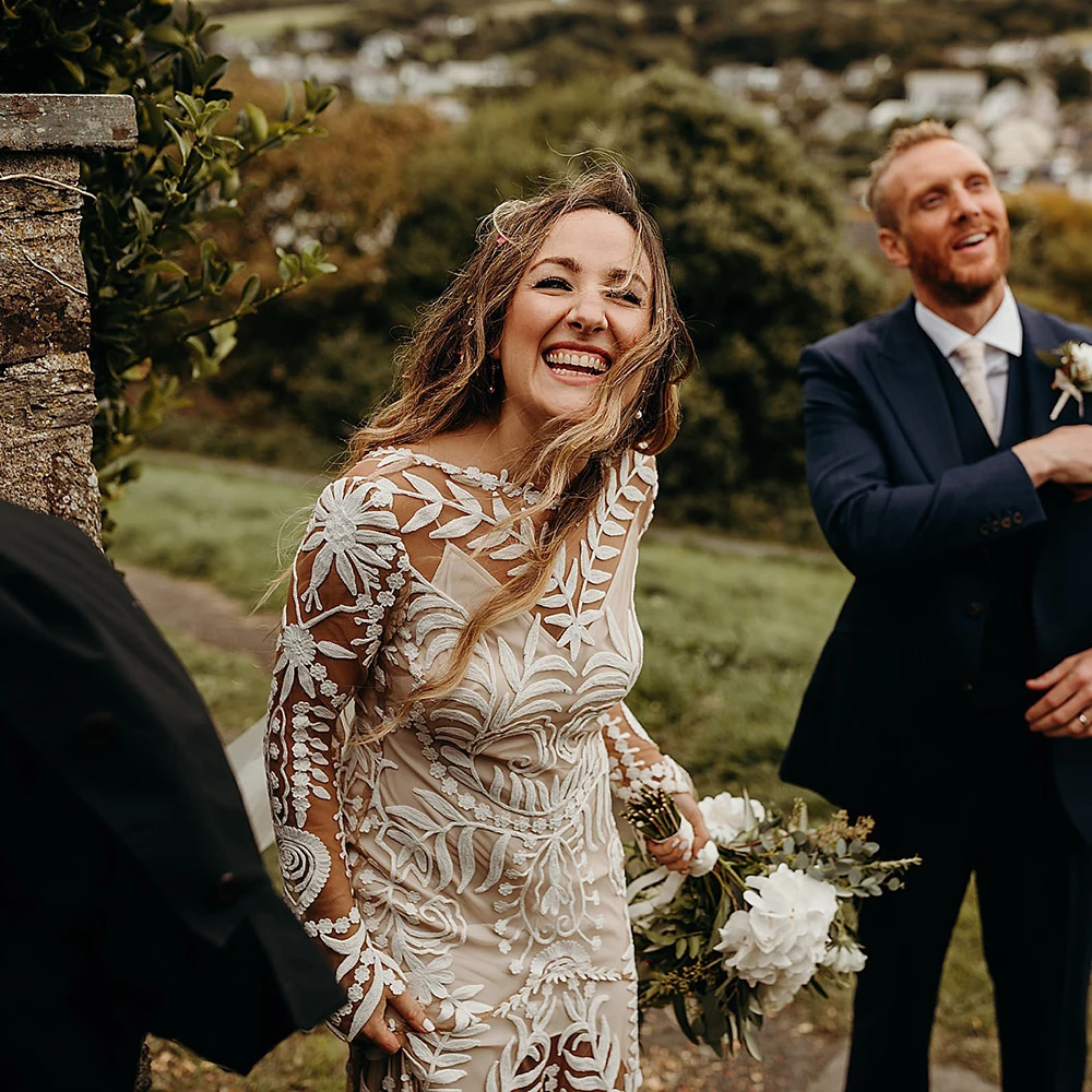 Robe de Mariée Personnalisée en Dentelle avec Fente Haute et Col en V, Deux Pièces, Manches sulf, Style Boho, pour Patients Sirène