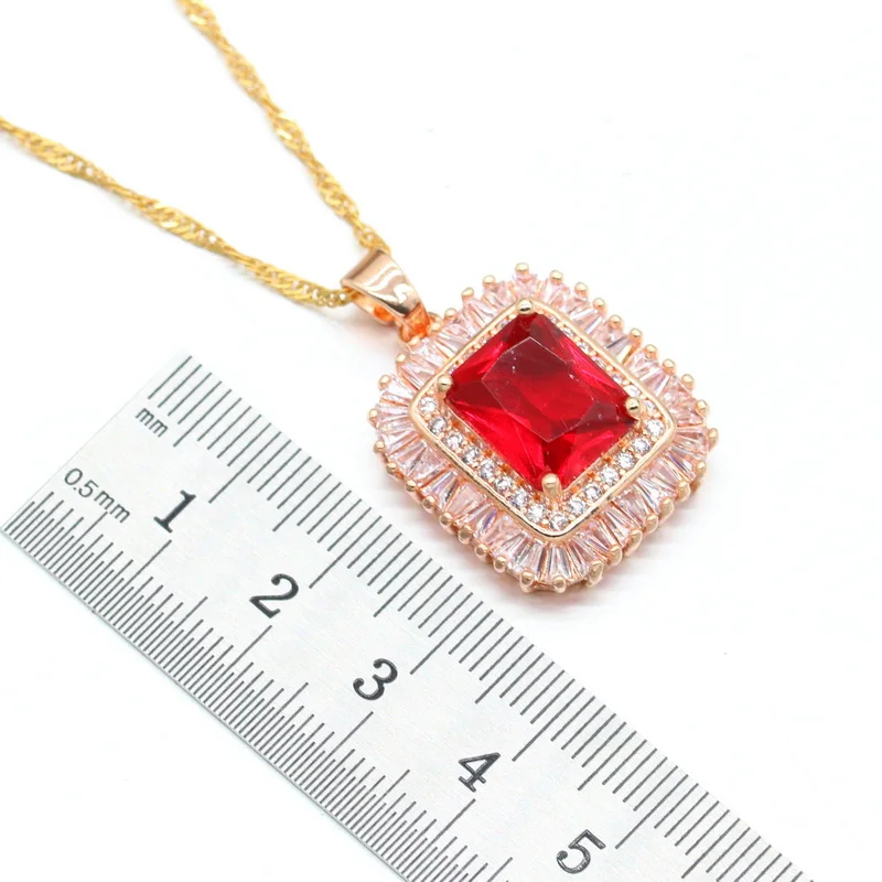 Red White Stones Gold Color Wedding Jewelry Sets For Women Necklace Pendant Earrings Rings Gift Box