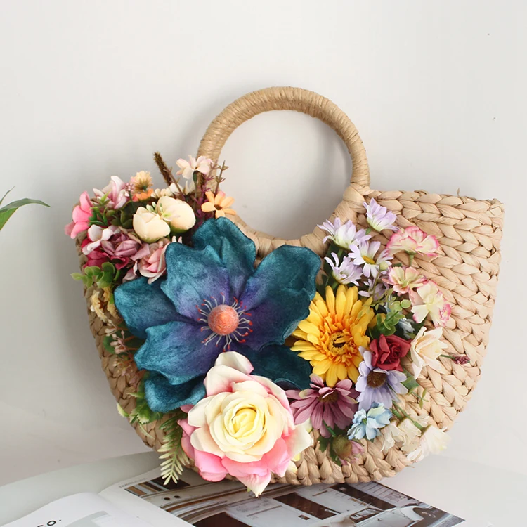 Women Fashion Multicolor Artificial Flower Straw Beach Bag Handmade High-end Customized Rattan Summer Holiday Lady Hat Tote Suit