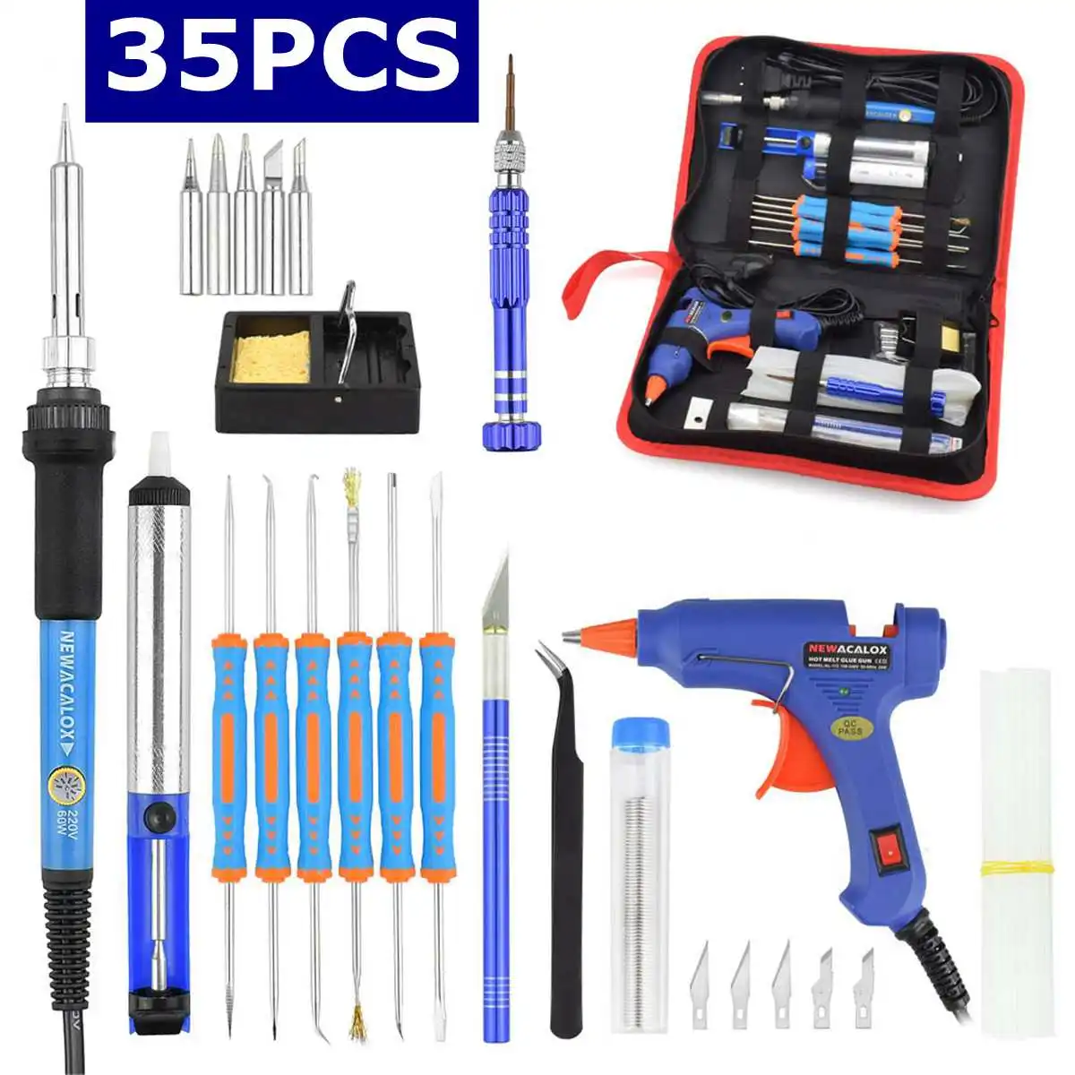 EU/US 60w DIY Adjustable Temperature Electric Soldering Iron Welding Kit Screwdriver Glue Gun Repair Carving Knife+ Storage Bag