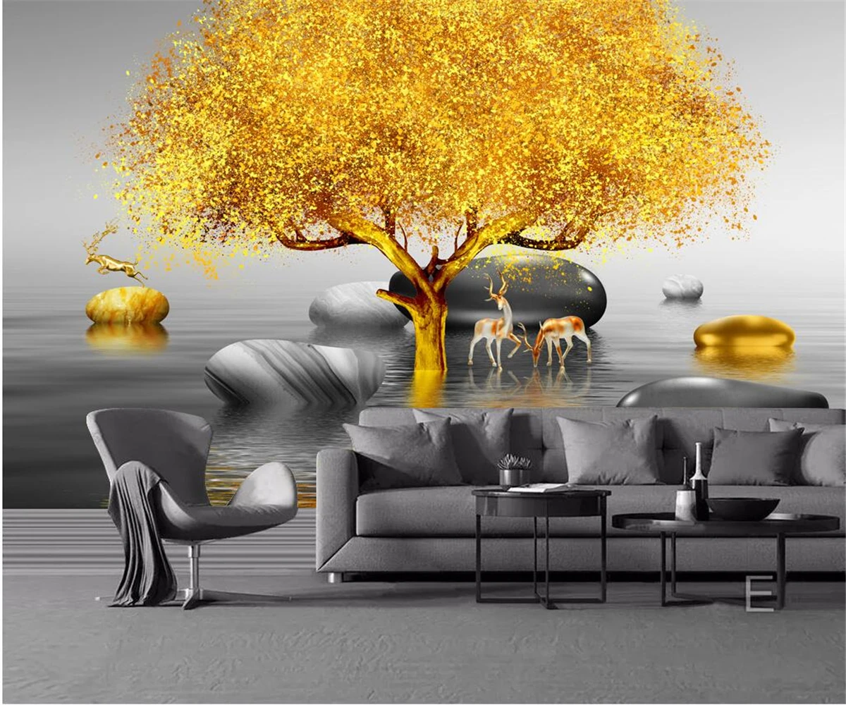 beibehang Customized new Chinese golden big tree elk artistic conception landscape stone background wallpaper papier peint