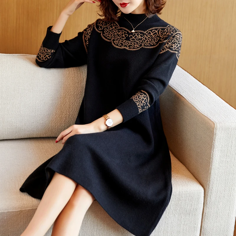 Autumn Winter Print Knitted Cotton Midi Sweater Dresses Women Korean Vintage Casual Pullovers 2024 Elegant Bodycon Coat Sweaters