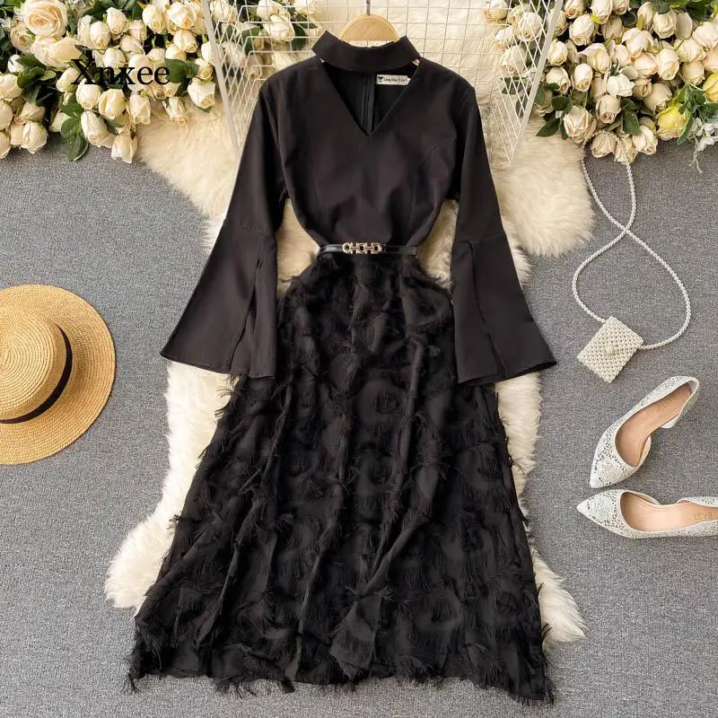 Spring o Neck Long Sleeve High Waist Pleated Femme Long Dresses a Line Sexy Patchwork Vacation Dress Elegant Female Fashion Robe