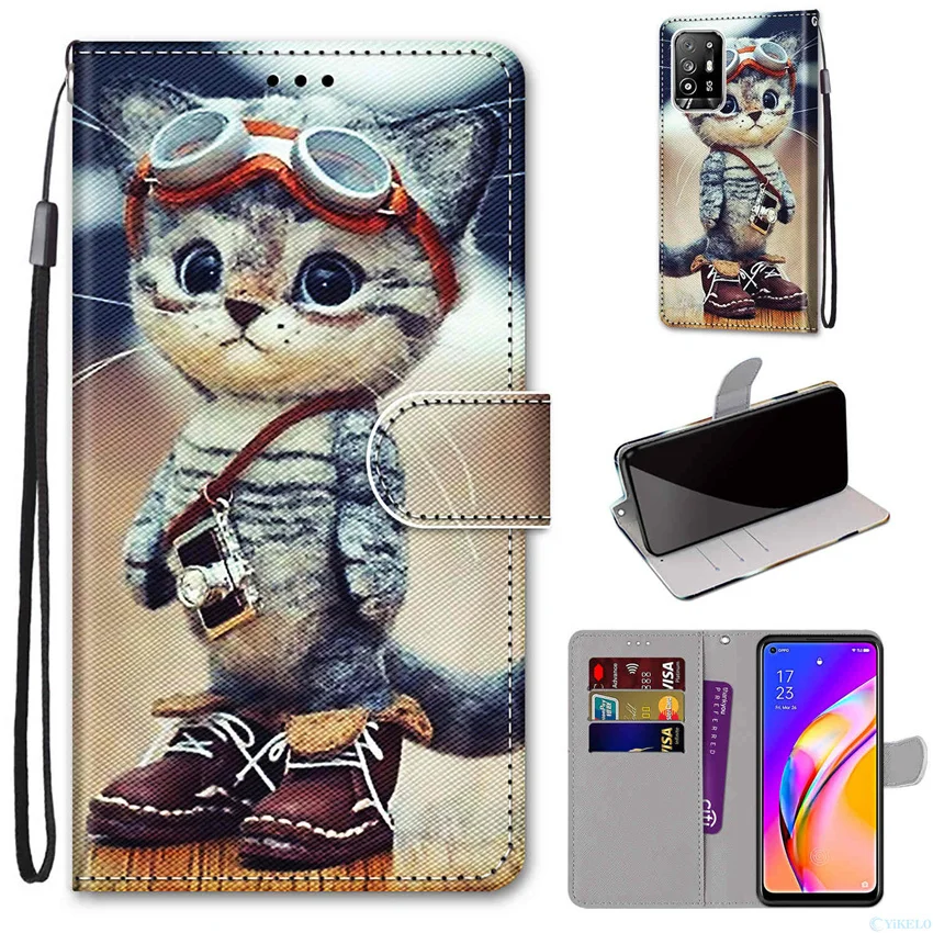 Leather Flip Phone Case For OPPO A53 A53S A54 A74 5G A15 A15s A52 A92 Wallet Card Holder Stand Book Cover Cat Flower