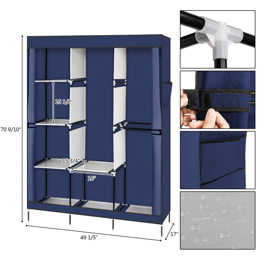 71" Portable Closet Wardrobe Clothes Rack Storage Organizer with Shelf Gray & Navy Blue