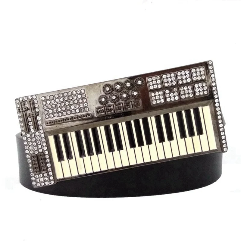 

Black PU Leather Men Belts with Piano Keyboard Cubic Rhinestones Music Musical Big Metal Buckle Fashion Accessories for Boy Male