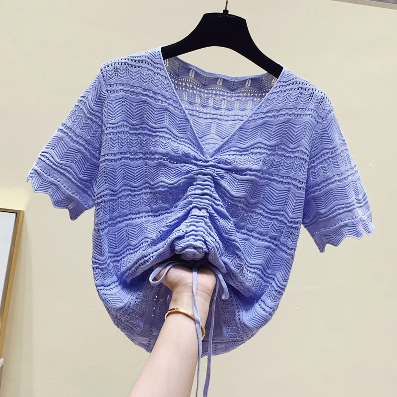 

Short Women Sweater V-Neck Jumper solid color Short sleeves Loose Female Casual Knitted pullover Women clothing 2022