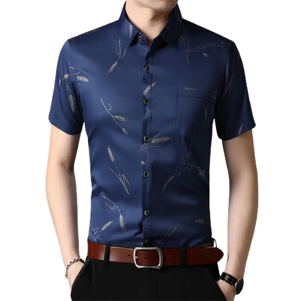 Fashion Men Dress Shirt Short Sleeve Buttons Pocket Wheat Pattern Polyester Male Slim Blouse Shirt Top Casual Business