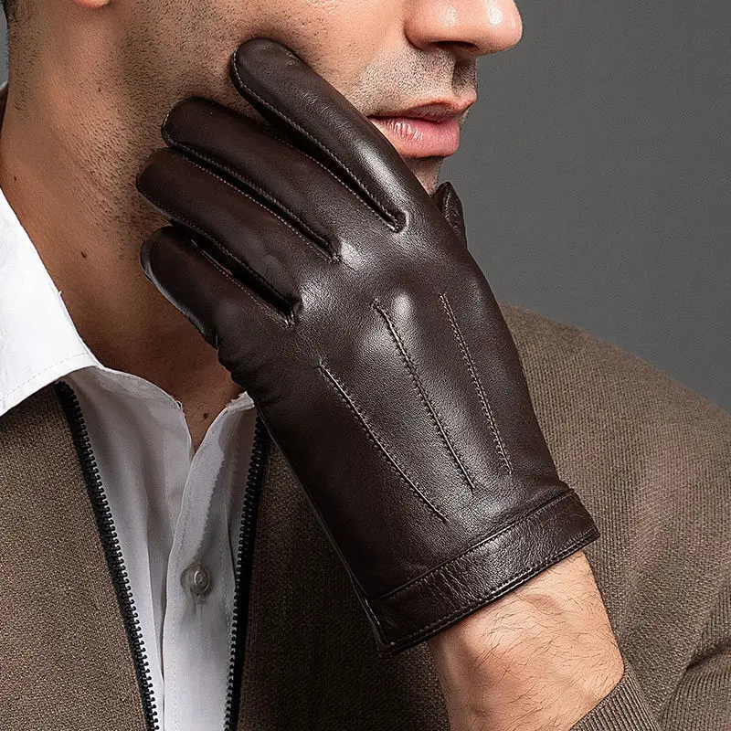 Men\'s Genuine Sheepskin Leather Gloves, Business Short, Full Finger, Touch Screen, Driving, Motorcycle, Fashion, Autumn, Winter