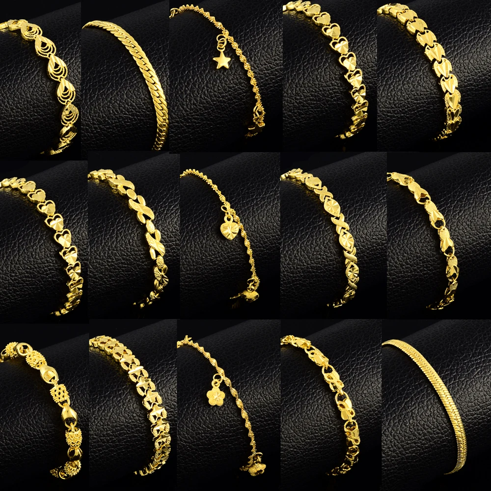 24K Gold Filled Mens Bracelet,Wholesale Pure Gold Color Jewelry Bracelet For Women Men Party Gifts Wedding Fast Fashion Jewelry