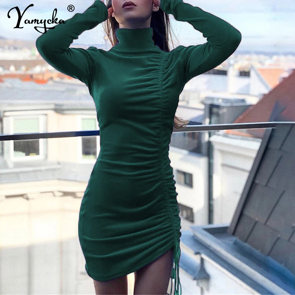 Sexy vintage Black Shirring velvet mini dress women elegant bodycon birthday party dress Long sleeve evening dresses vestidos