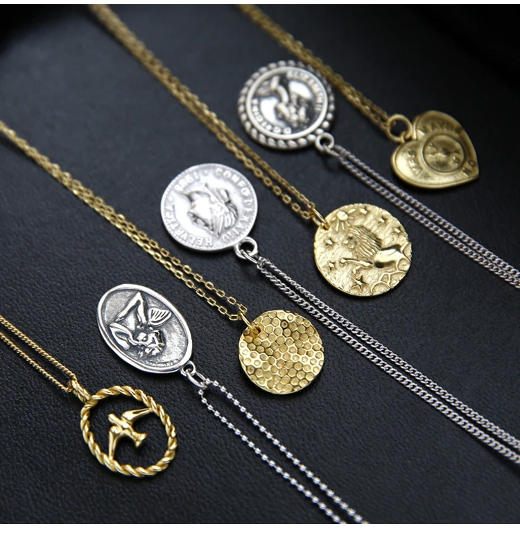 925 Sterling Silver Golden Coin Elliptic Pendant Necklace English Letter Engraving Vintage Personality 18K Gold Chain Necklace