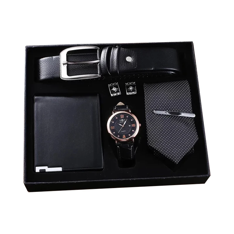 Reloj de pulsera de cuarzo plegable para hombre, conjunto de pulsera con correa de alta calidad, gemelos, corbata, hombre, padre