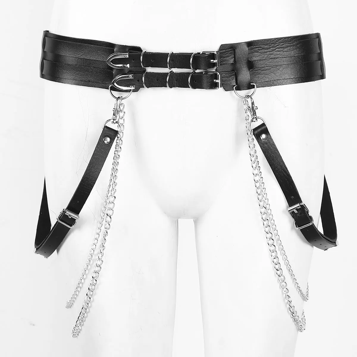 

Women Punk Gothic Waist Belt PU Leather Adjustable Body Chest Waist Harness belt With Metal Handcuffs And Chain Tassel Clubwear