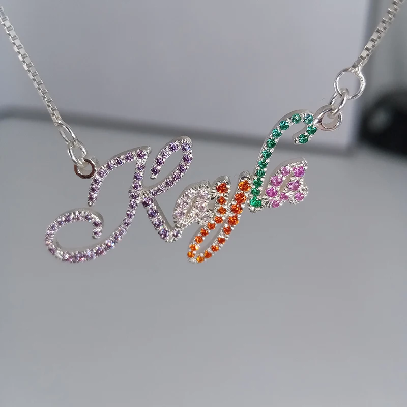 Rainbow Crystal Pendant Letter Necklace for Women Colorful Full Zircon Name Necklace Custom bling nameplate Christmas Gifts