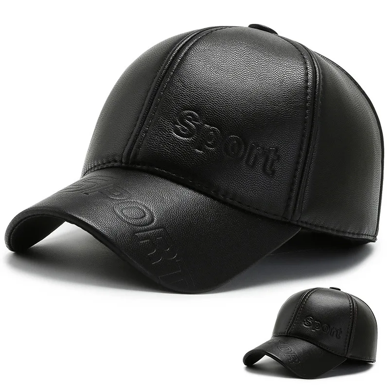 Men Sport Letter Sunscreen SunShade Baseball Cap Winter Elderly Men Windproof Protect Ears Warm PU Leather Adjustable Hats U73