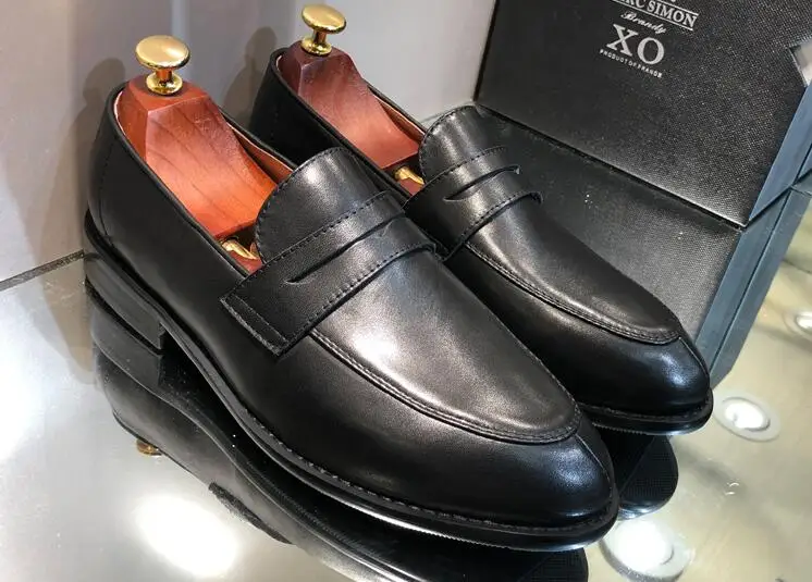 British Style Black Cow Leather Round Toe Slip On Loafers Man Low Top Flat Business Dress Shoes Size 37-45 Drop Shipping Male