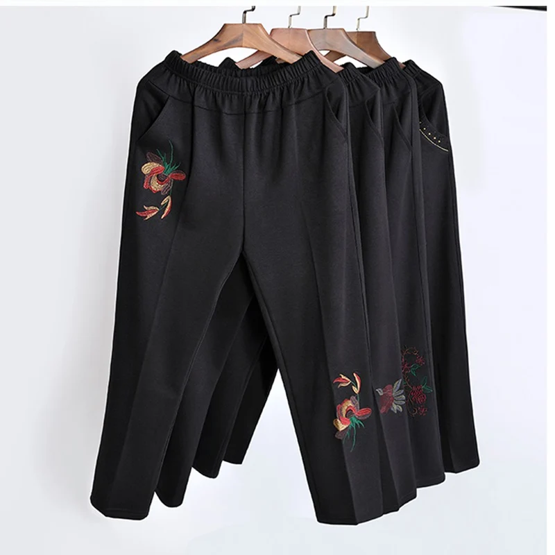 Middle-aged Women Warm Velvet Straight Pants Fashion Casual Elastic Waist Loose Pants Grandma Female Trousers