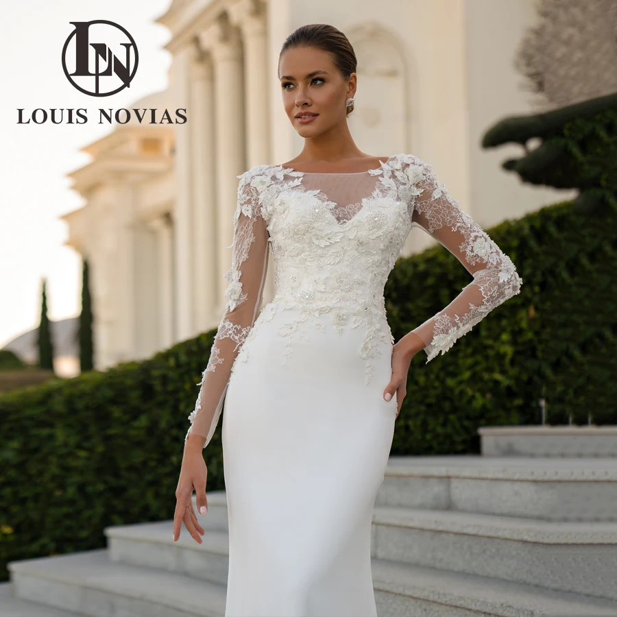 LOUIS NOVIAS Mermaid Wedding Dresses 2022 Modern Satin Long Sleeve Bridal Dress Beading Embroidery Bride Gown Vestidos De Novia