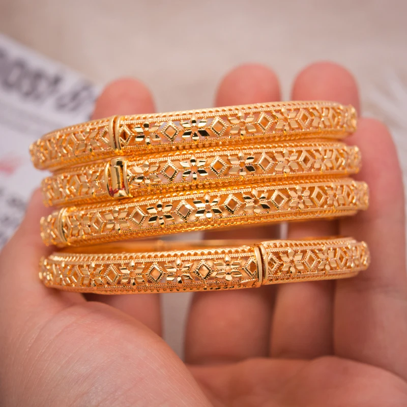 1Pcs 24K Dubai Bracelets Bangles women Girl Gold Color Bangle Flower Bangle Wedding Copper Bride Bangle Bijoux Femme