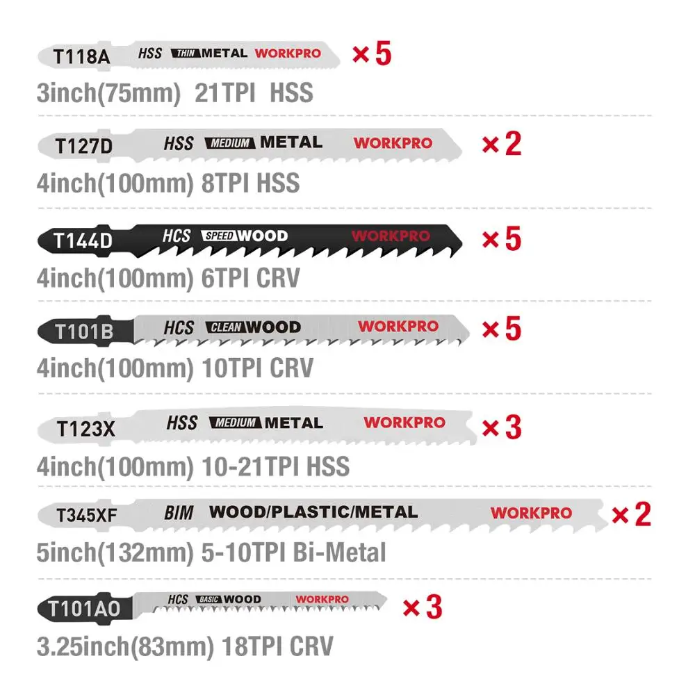 WORKPRO 25PC Saw Blades T-Shank  Jigsaw Blades Set Assorted Blades for Wood Plastic Metal Cutting Blades Made with HCS/HSS/BIM